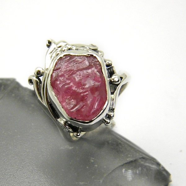 Ruby ring sterling silver, raw ruby silver ring, free form rough ruby dark pink raw gemstone ring size 8 July birthstone ruby jewelry