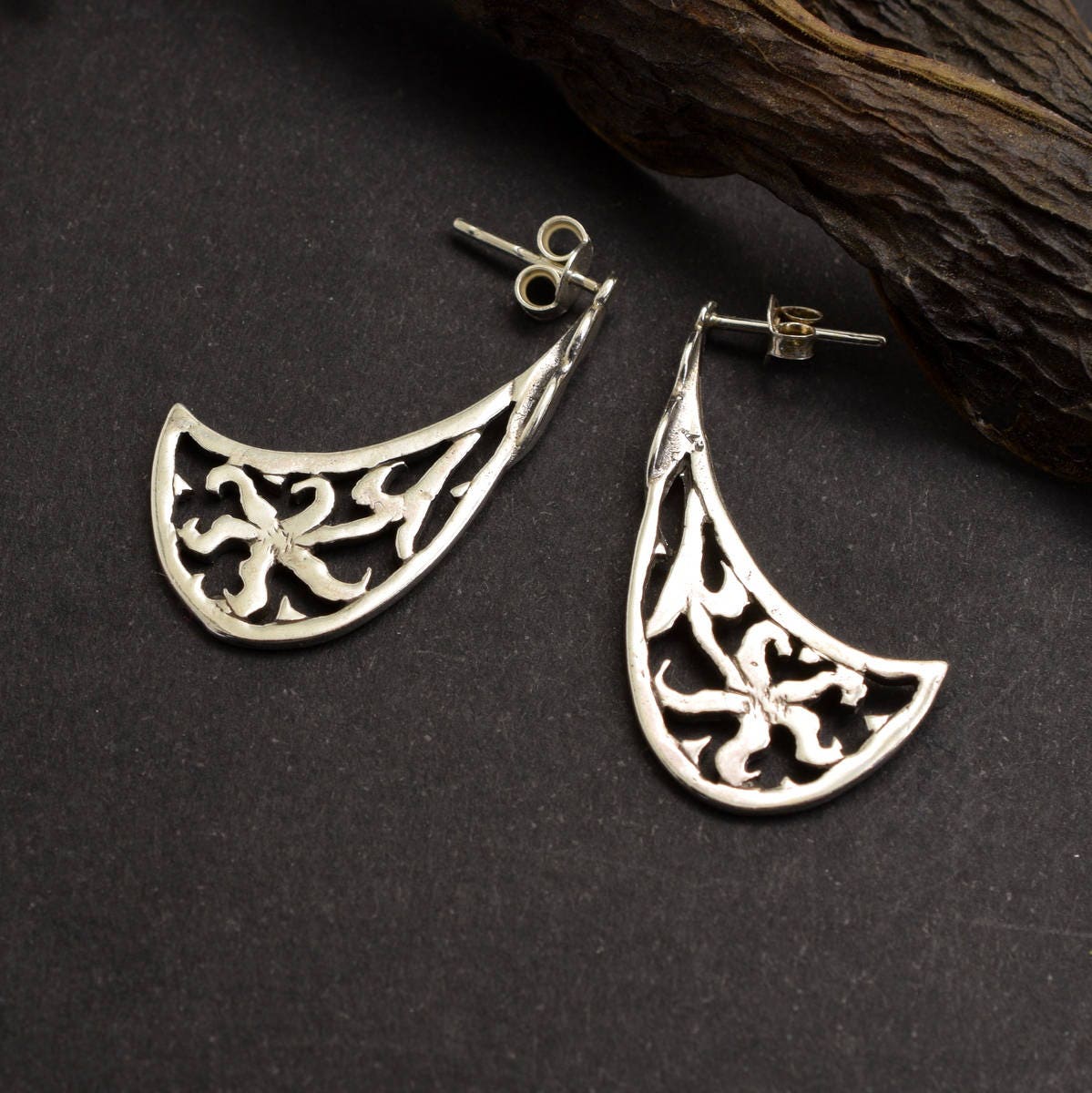 Silver long post earrings cutout floral post stud earring Etsy