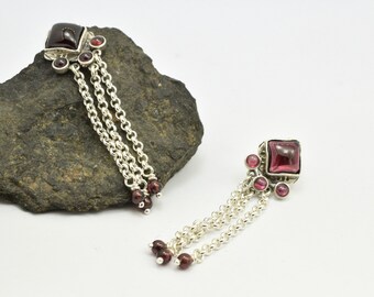 Sterling silver garnet earrings with rolo chain tassel in Etruscan style, bohemian gift for her