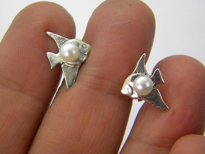 Fish stud earrings pearl sterling silver post earrings Etsy