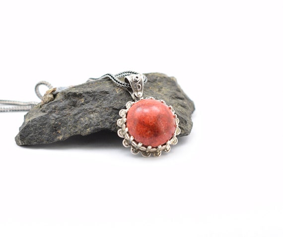 Statement red coral pendant sterling silver red sponge coral necklace, coral jewelry artisan bohemian gift for her