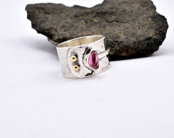 Tourmaline ring sterling silver wide band artisan ring size 6 1/4 silver and gold statement ring oxidized silver October birthstone