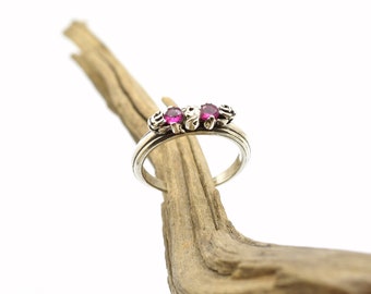 Sterling silver ring with roses and cubic zirconia ruby colored - delicate stackable small size ring gift for her