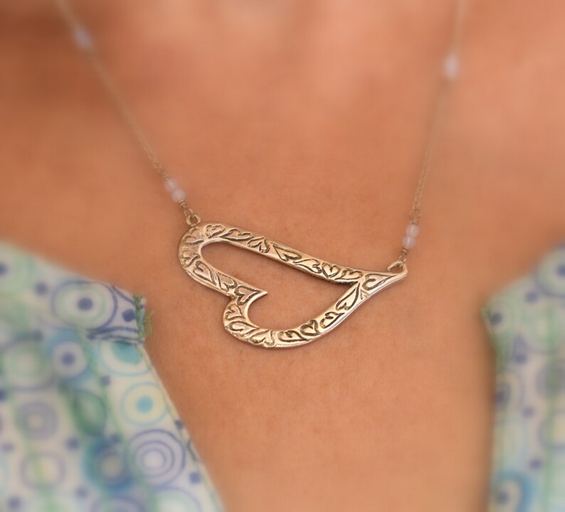 Sterling silver engraved hearts necklace for love outline heart jewelry and tiny moonstone anniversary gift for her