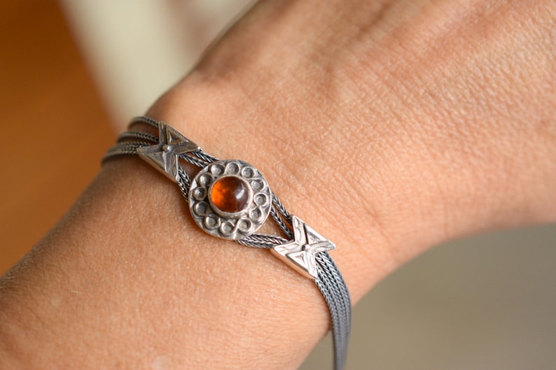 gift for her Amber sterling silver bracelet silver bangle byzantine multi strand wheat chain bracelet fox tail amber jewelry
