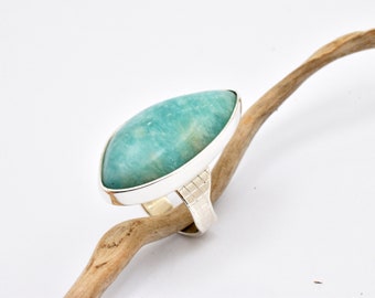 Large Amazonite ring, sterling silver, long green stone, statement, boho greenery jewelry, gift for her