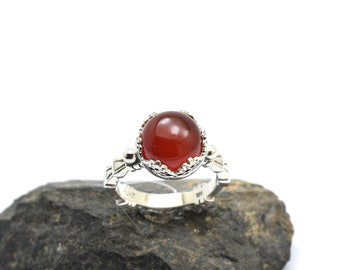 Round carnelian sterling silver ring for woman large size with  brownish red gemstone, artisan  jewelry gift for her