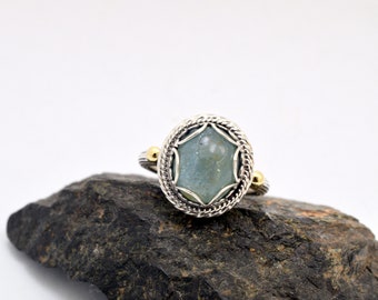 sterling silver and gold aquamarine ring ice blue natural gemstone on a textured  band - light blue artisan jewelry, March birthstone