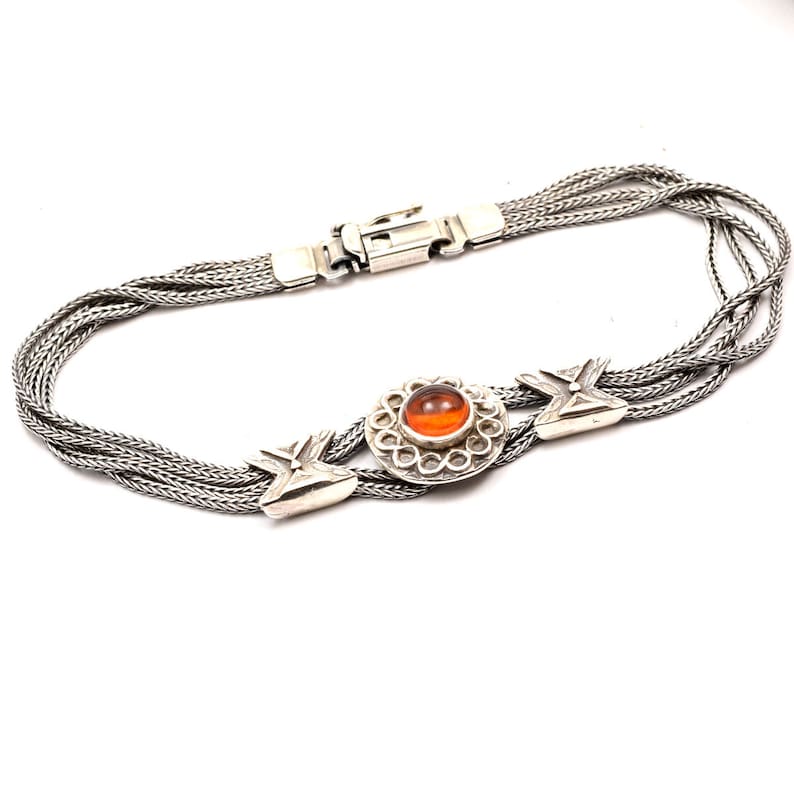gift for her Amber sterling silver bracelet silver bangle byzantine multi strand wheat chain bracelet fox tail amber jewelry