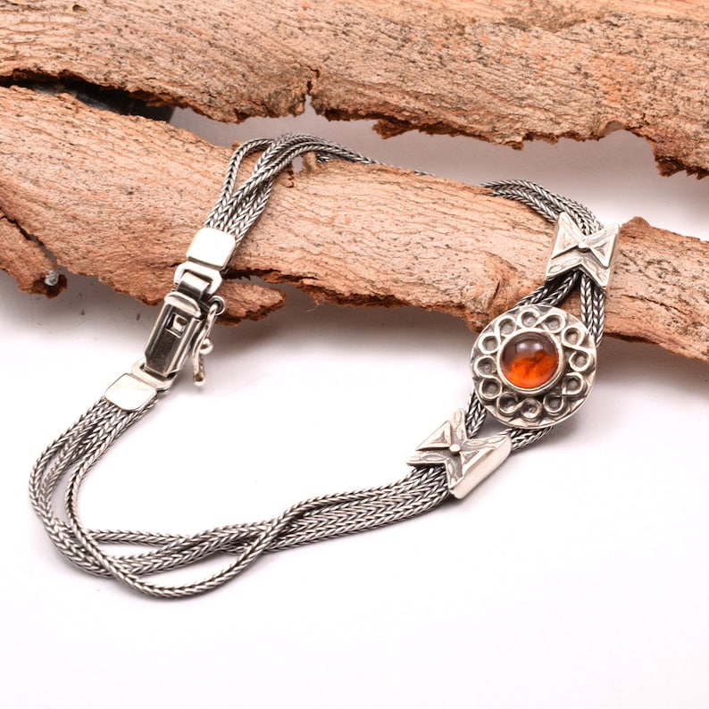 gift for her Amber sterling silver bracelet silver bangle byzantine multi strand wheat chain bracelet fox tail amber jewelry