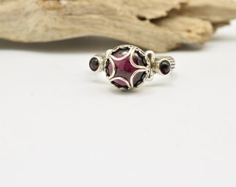 Silver garnet ring from  sterling silver size 6 textured band, dark red garnet jewelry January birthstone gift for her