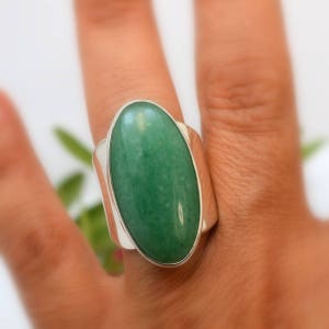 Large Jade ring, sterling silver, huge oval green stone, statement ring, cocktail ring, boho greenery jewelry, green stone ring Jade jewelry
