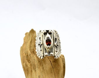 Sterling silver garnet ring, Etruscan Byzantine Style, handmade two stone ring, statement jewelry, ethnic ring size 7