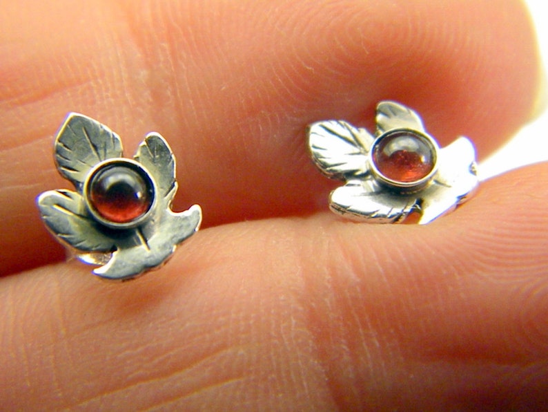 Leaf sterling silver earrings garnet studs organic leaf studs Oxidized leaf jewelry-handmade garnet jewelry image 5