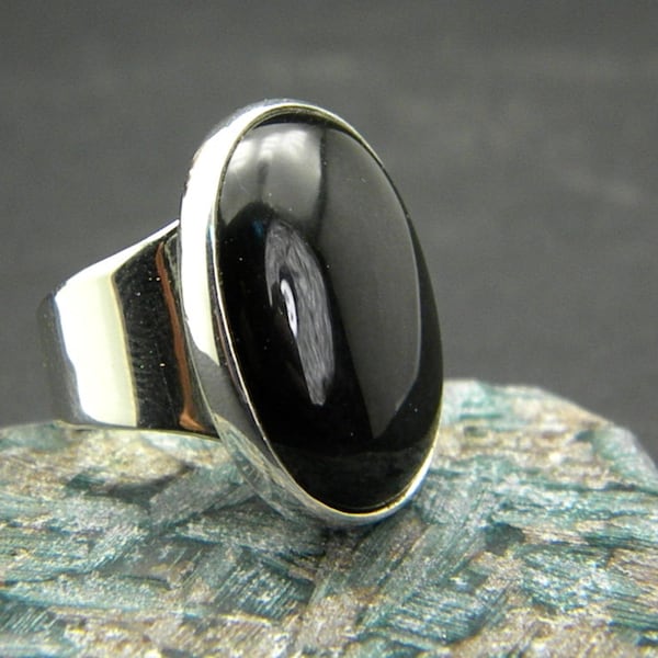 Black Onyx Ring, Sterling silver Ring, statement big Ring, Oval Black Stone, Artisan modernist statement ring