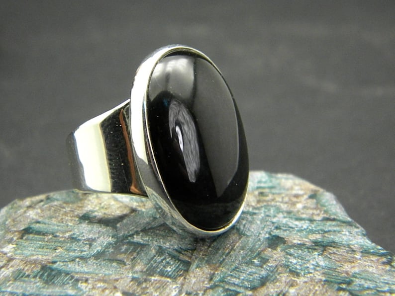 Black Onyx Ring, Sterling silver Ring, statement big Ring, Oval Black Stone, Artisan modernist statement ring image 1