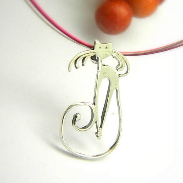 sterling silver cat pendant big charm cat silhouette out line cat jewelry - handmade cat necklace gift for cat lovers, gift for her