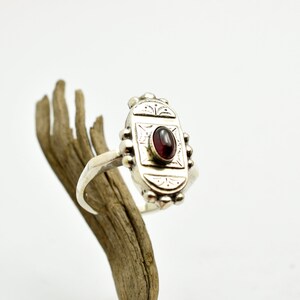 Pu&ograve; includere: Un anello d'argento con una montatura ovale che presenta una pietra rossa e dettagli incisi intricati.
