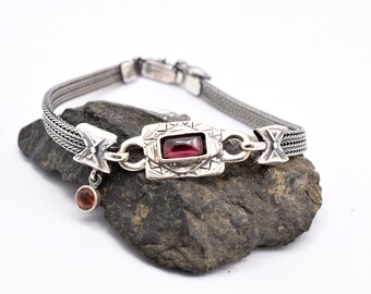 Sterling silver garnet bracelet woven chain braided 925  bangle oxidized ,Etruscan style ethnic jewelry