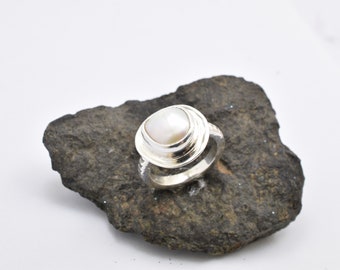 Sterling silver biwa  pearl ring size 7 with textured band artisan jewelry handmade gift for her