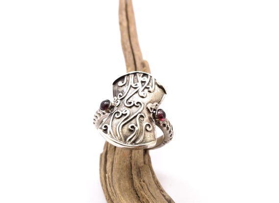 Sterling silver garnet ring, Etruscan Byzantine Style, handmade two stone ring, statement, ethnic jewelry women's size 7