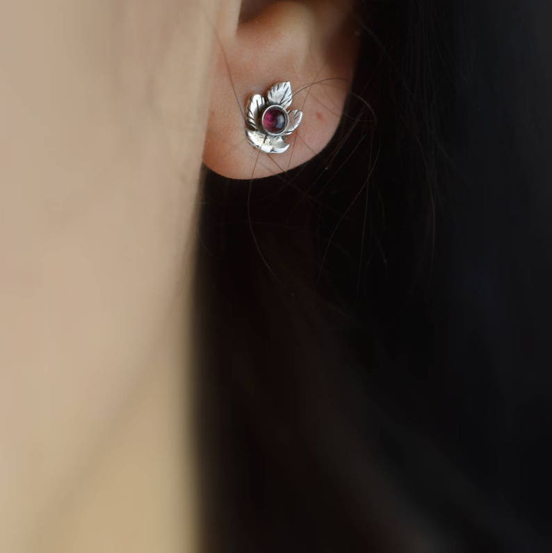 Leaf sterling silver earrings garnet studs organic leaf studs Oxidized leaf jewelry-handmade garnet jewelry image 6