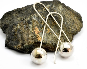 ball earrings sterling silver beads, dangle ball earrings, Long contemporary earrings, simple jewelry, modernist gift for her
