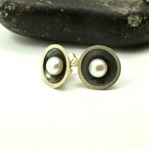 Sterling silver stud pearl earrings - post earrings - wedding white pearl studs -handmade jewelry oxidized, cup earrings