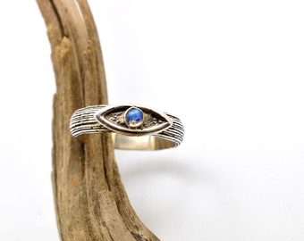 Böser Blick Ring aus Sterling Silber mit Labradorit Stein Glücks Schutz Schmuck Geschenk , schwarz oxidierter Silber Augen Schmuck