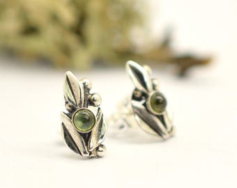 Sterling silver small peridot earrings- leaf  studs - peridot post earrings - organic nature earrings - small earrings  botanical jewelry