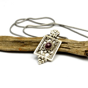 Garnet necklace sterling silver pendant January birthstone, rectangular rustic pendant burgundy deep red jewelry vintage style