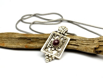 Garnet necklace sterling silver pendant January birthstone, rectangular rustic pendant burgundy deep red jewelry vintage style