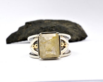 Rutilated Quartz, Sterling silver and gold rutile ring handmade oxidized size 10 stone women's ring artisan jewelry