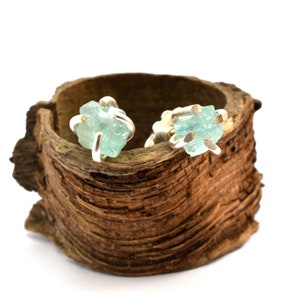 Raw apatite earrings studs, sterling silver ocean blue rough stone studs, uncut blue stone earrings, apatite jewelry