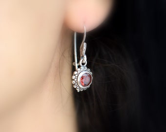 Garnet earrings sterling silver dangle round retro vintage style with granulation January birthstone, gift for her