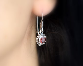 Garnet earrings sterling silver dangle round retro vintage style with granulation January birthstone, gift for her