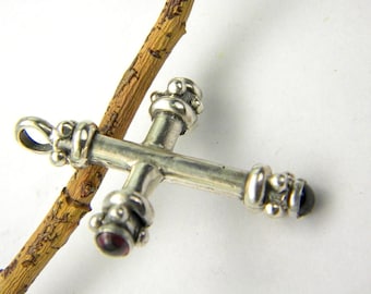 Sterling Silver cross pendant orthodox style with garnet stone, Christianity, Solid silver cross