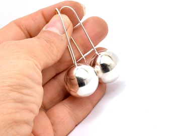 Sterling Silber große Kugel Ohrringe, lange zeitgenössische Ohrringe 16 mm glänzende Silberperle, schlichter Schmuck, modernistisches Geschenk