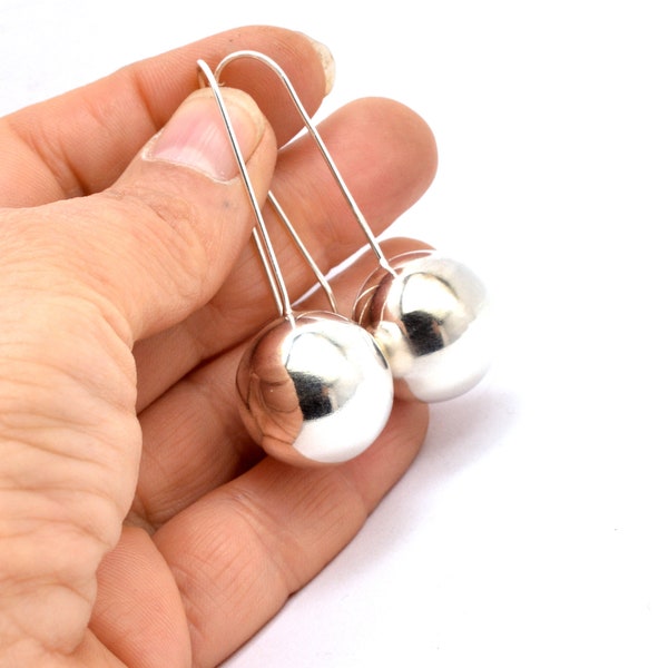 Sterling silver large ball earrings,  Long contemporary earrings 16 mm shiny silver bead , simple jewelry, modernist gift