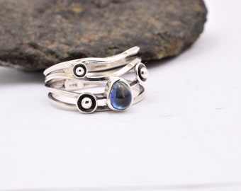 Sapphire sterling silver ring Blue tear drop natural gemstone  September birthstone, wraparound band size 7.75