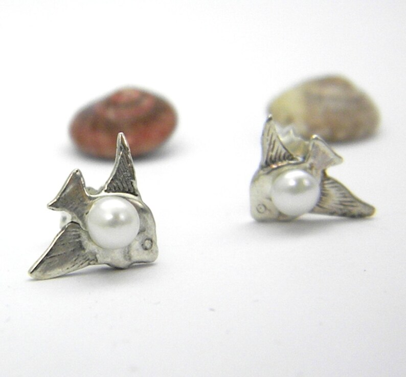 Fish stud earrings pearl sterling silver post earrings Etsy