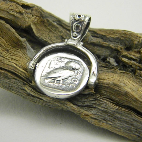 Sterling Silver Reversible Spinning Pendant - Greek Owl Athena Coin Style