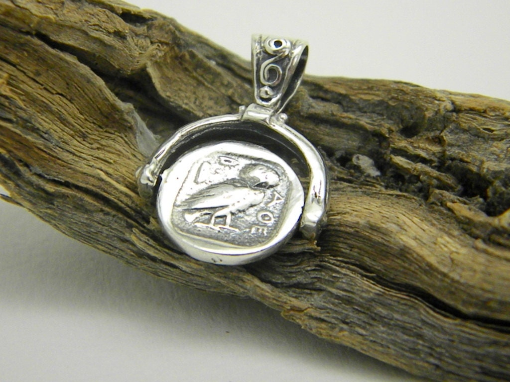 Sterling silver coin pendant, Athena - owl reversible medallion, ancient greek coin reproduction, co