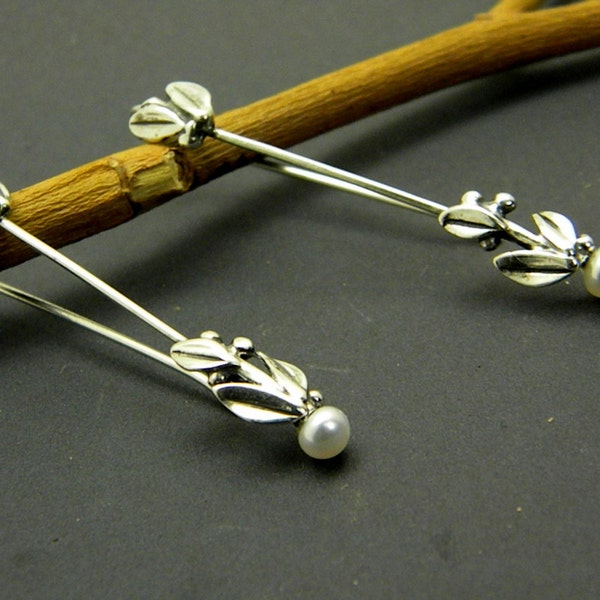 Long pearl earrings  sterling silver pearl leaf earrings, olive leaves, branch dangle earrings, silver twig earrings, botanical jewelry