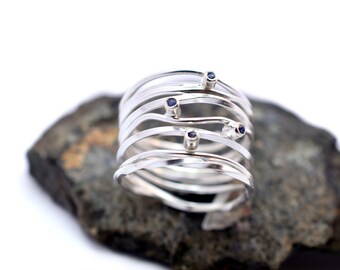 Sapphire ring in sterling silver wide wrapped delicate band ring size 7 modernist style with blue gemstones gift for her