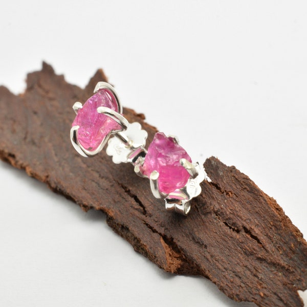 Raw ruby stud earrings, sterling silver  small ruby earrings  rough gemstone studs pink stone earrings Organic jewelry ,July birthstone