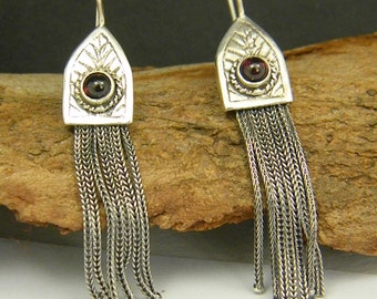 Long tassel earrings, Sterling silver chain tassel and deep red garnet, Etruscan, post Byzantine style jewelry