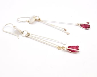 Raw ruby earrings of sterling silver extra long - rough ruby jewelry - artisan unique gift for her
