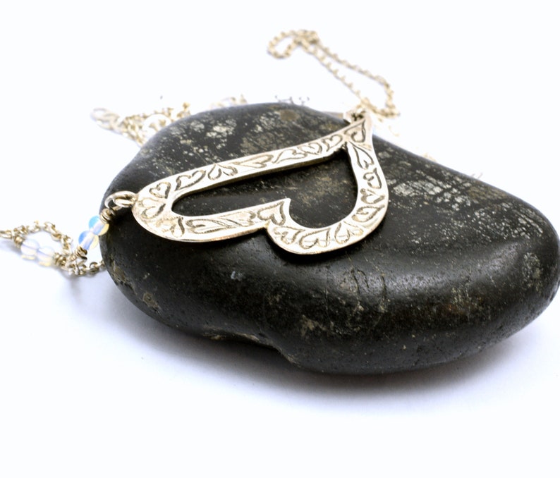 Sterling silver engraved hearts necklace for love outline heart jewelry and tiny moonstone anniversary gift for her