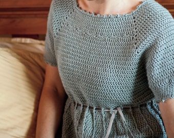 Pattern PDF for Crochet Sweater, Cabled Pullover, Romantic Empire Waist, Raglan Short Sleeves, Intermediate Skill